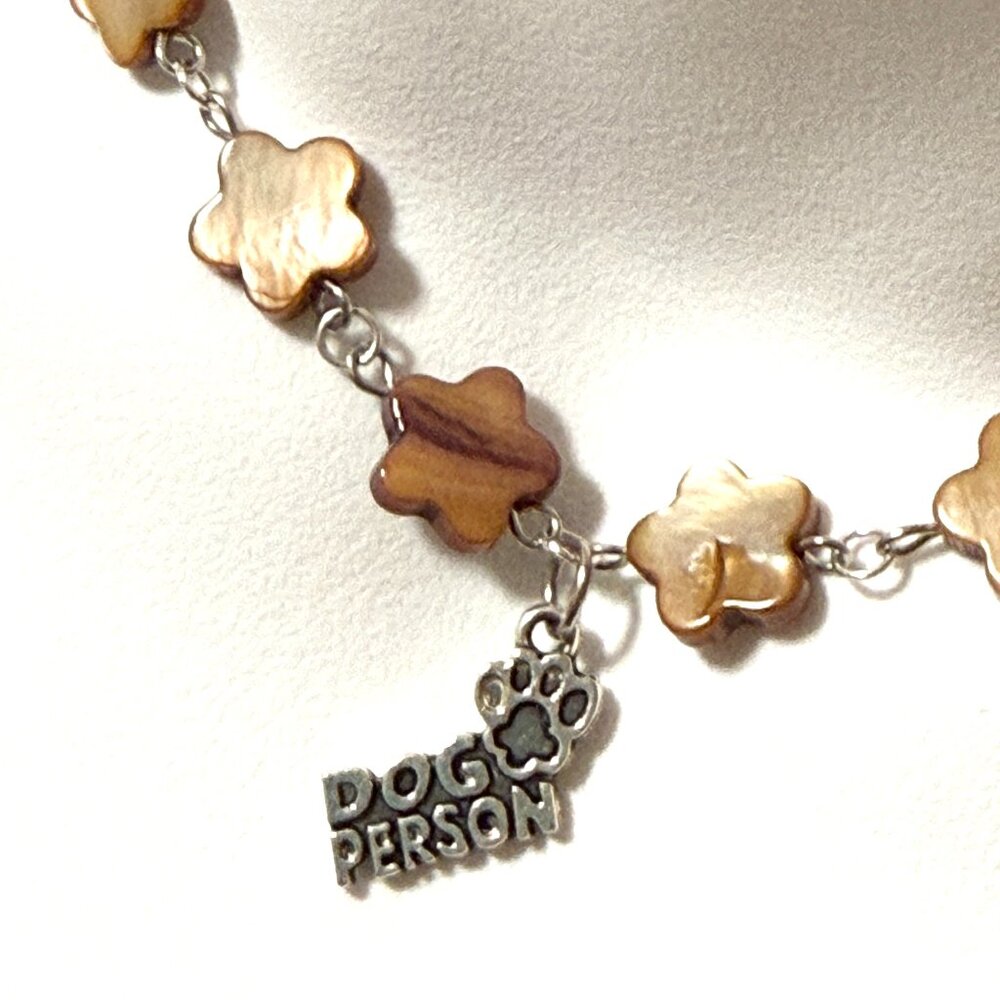 Caramel Mother of Pearl Flower Beaded Short Necklace+Dog Person PawPrint Pendant